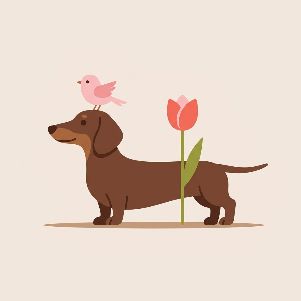 MECHAのアイコン。花を見つめるダックスフンドの上に小鳥がとまっているイラスト
